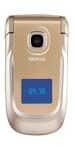 Nokia 2760 flip phone, open position, showing blue screen and silver hinge against beige exterior