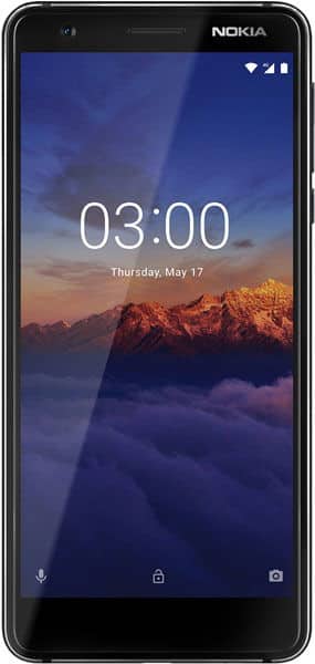 Nokia 3.1 smartphone, front view, displaying lock screen with time 03:00 and mountain landscape wallpaper