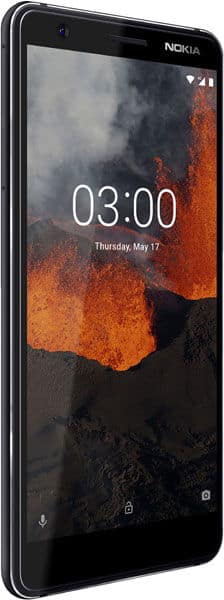Nokia 3.1 front view, showing lock screen with time 03:00, date Thursday May 17, and volcanic landscape wallpaper