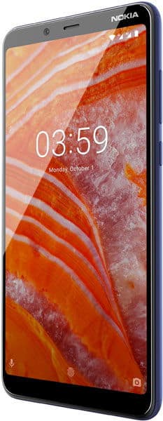 Nokia 3.1 Plus front view with blue body, displaying lock screen with time 03:59 and abstract orange pattern wallpaper