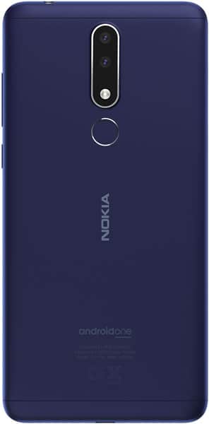 Nokia 3.1 Plus rear view, dark blue back with dual camera and fingerprint sensor visible