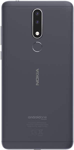 Nokia 3.1 Plus rear view, showing dual camera, fingerprint sensor, and dark gray body with Nokia branding