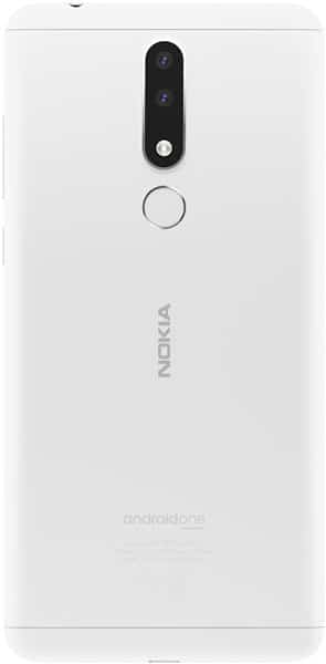 Nokia 3.1 Plus rear view, white, showing dual camera and fingerprint sensor