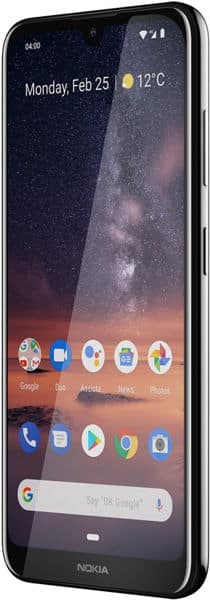 Nokia 3.2 front view showing home screen with app icons, date Feb 25, 04:00 time, 12°C; black front and side buttons.