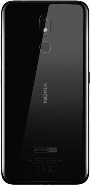 Rear view of black Nokia 3.2 showing single rear camera, fingerprint sensor, and vertically centered Nokia logo on glossy back.