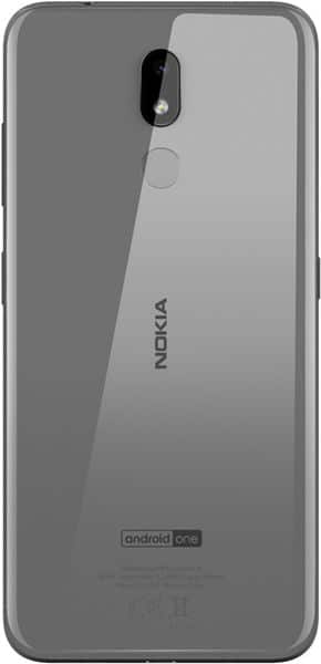 Rear view of gray Nokia 3.2 showing single rear camera with flash, fingerprint sensor, and Nokia and Android One logos.