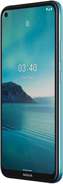 Nokia 3.4 smartphone, blue frame, front view displaying lock screen (03:40, Tue 1 Sep) with ocean and mountain wallpaper.