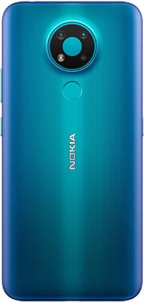 Rear view of blue Nokia 3.4 showing central logo, top circular camera module, flash, and fingerprint sensor below camera.