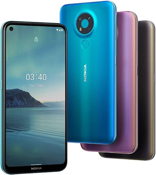 Nokia 3.4 smartphones shown: front view with home screen, rear views in blue, purple, and black highlighting cameras and sensors.