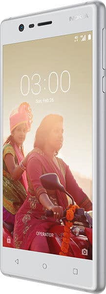 Nokia 3 smartphone, front view, displaying home screen with time 03:00 and photo of two people in warm-toned clothing
