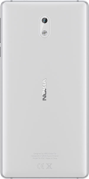 Nokia 3 smartphone rear view, white, showing dual camera setup and Nokia branding on back panel
