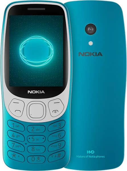 Teal Nokia 3210 (2024) shown front and rear; front has keypad and small screen, rear has camera lens and Nokia logo.