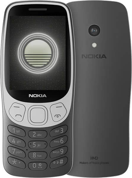 Nokia 3210 (2024) in dark gray, shown front and back with small screen, physical keypad, and single rear camera.
