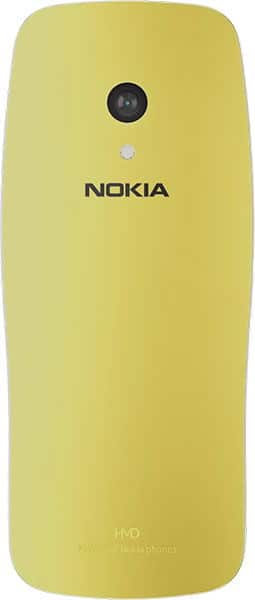 Rear view of yellow Nokia 3210 (2024) with top camera and flash, centered Nokia logo, and small text near the bottom.