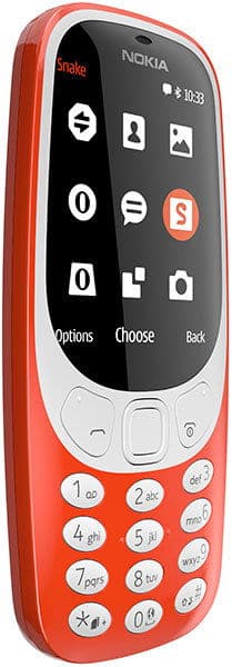 Nokia 3310 (2017) red phone, front view, showing screen with icons and numeric keypad