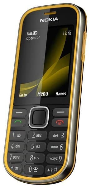 Nokia 3720 Classic front view with black face, gold trim, numeric keypad, and display showing menu options