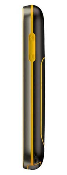 Nokia 3720 Classic side view, black and yellow rugged phone with rounded edges and yellow accent stripe