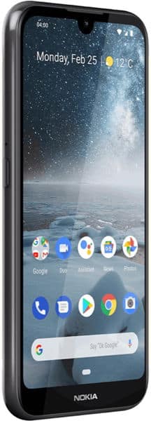 Nokia 4.2 smartphone shown from front, displaying home screen with starry sky wallpaper, time, weather, and app icons