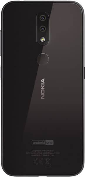 Nokia 4.2 rear view showing dual camera, fingerprint sensor, and black glossy back panel