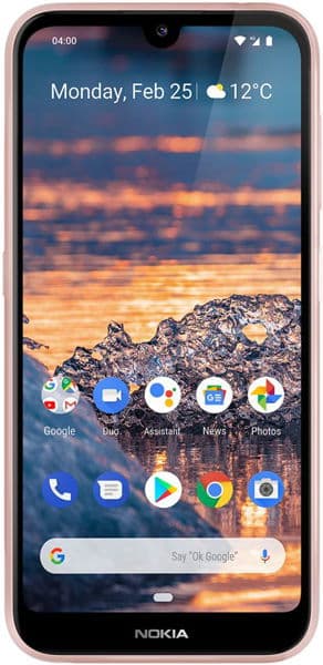 Nokia 4.2 front view, screen on displaying home screen with sunset wallpaper, app icons, and Google search bar