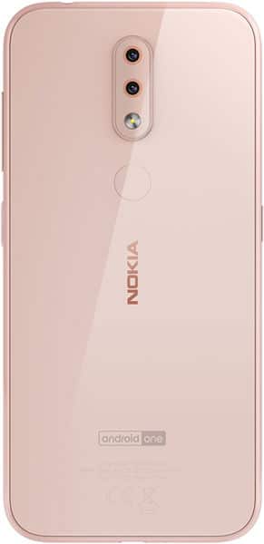 Nokia 4.2 rear view, pink, showing dual camera, fingerprint sensor, and Android One branding