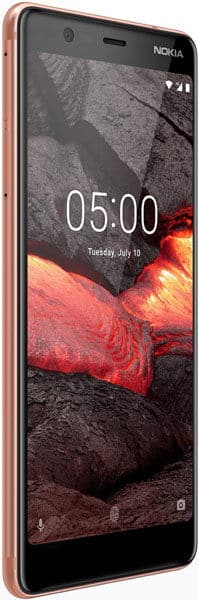 Nokia 5.1 front view showing lockscreen with time 05:00, lava texture wallpaper, copper case