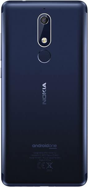 Nokia 5.1 rear view, showing dark blue back with camera, flash, and fingerprint sensor