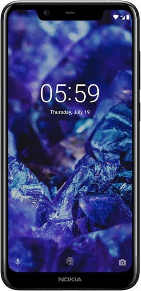 Front view of Nokia 5.1 Plus showing 05:59, July 19, blue crystal wallpaper, and standard icons along the top right.