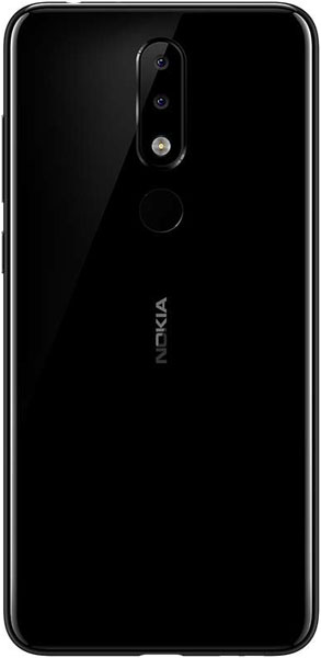 Rear view of black Nokia 5.1 Plus with vertical dual cameras, flash, circular fingerprint sensor, and centered Nokia logo.