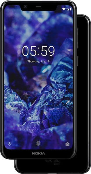 Front view of Nokia 5.1 Plus showing display, time 05:59, date July 19; second phone partially visible behind it.