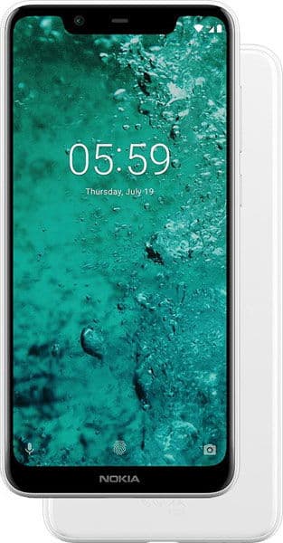Front view of white Nokia 5.1 Plus showing lock screen with time 05:59, July 19 date, green background, and app icons.