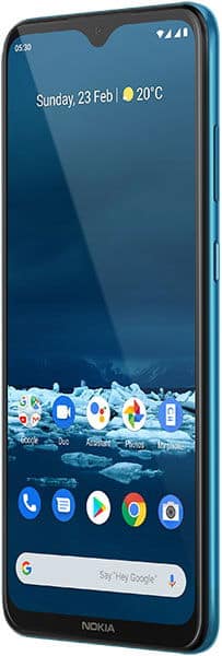 Nokia 5.3 smartphone front view with blue case, displaying home screen with time, date, weather, and app icons