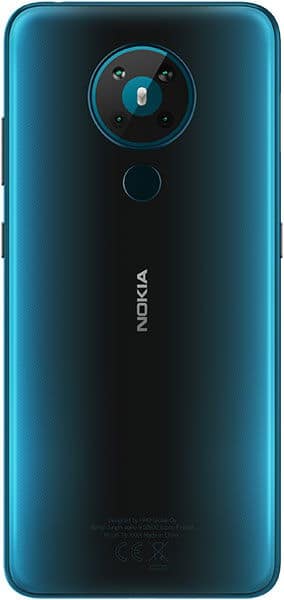 Nokia 5.3 rear view, cyan blue finish with circular camera module and fingerprint sensor below