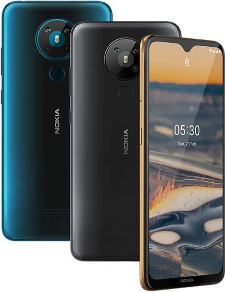 Nokia 5.3 phone displayed from rear and front angles, showing blue and black models with camera and display details
