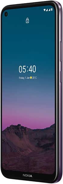 Nokia 5.4 smartphone displayed from the front, showing lock screen with time 05:40, mountain landscape wallpaper, and notch camera cutout