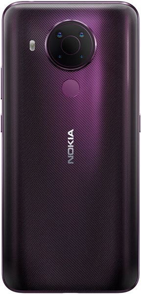 Nokia 5.4 rear view, purple with textured back, large circular camera module, Nokia branding visible