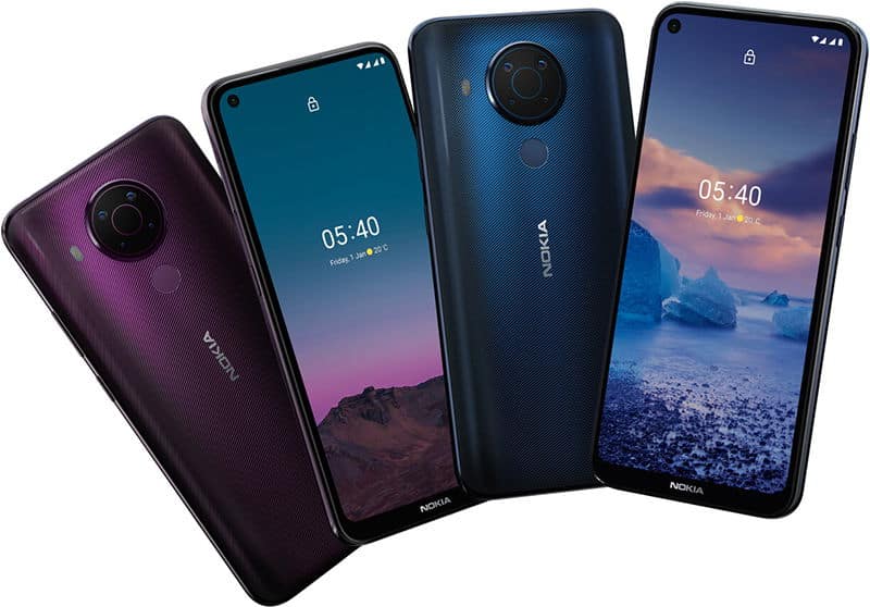 Nokia 5.4 phones in purple and blue, displayed from front and rear angles showing screens and camera modules