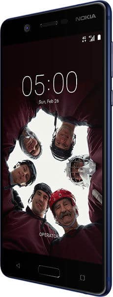 Nokia 5 front view with lock screen displaying time 05:00 and group of people in circular arrangement