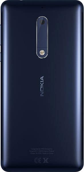 Nokia 5 rear view, showing dark blue back panel with camera lens and Nokia branding