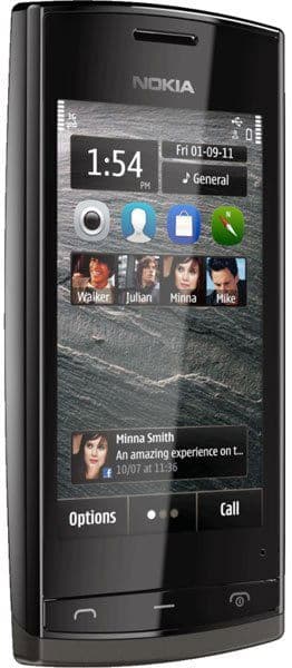 Nokia 500 smartphone displaying home screen with time, contacts, and messaging app icons in portrait orientation