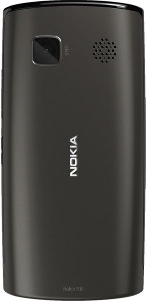 Nokia 500 rear view, black candybar phone with camera and speaker grille visible