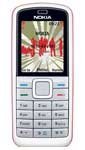 Nokia 5070 mobile phone, front view, with white casing, small screen displaying red and white pattern, and numeric keypad