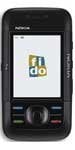 Nokia 5200 XpressMusic front view, black candybar phone with screen displaying logo and navigation buttons below