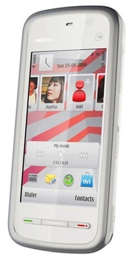 Nokia Nuron 5230 front view with white casing, displaying colorful home screen with music and contacts apps