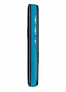Nokia Nuron 5230, side view, showing turquoise blue face and black edges of the slim candybar phone
