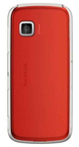Nokia Nuron 5230 rear view, red back panel with silver trim and camera lens