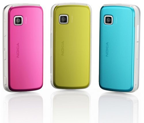 Nokia Nuron 5230 phones in pink, yellow, and cyan, shown from the rear with camera and speaker visible