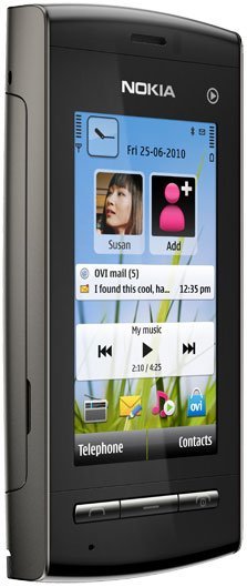 Front view of black Nokia 5250 showing home screen with date, time, contacts, email alert, music controls, and shortcuts.