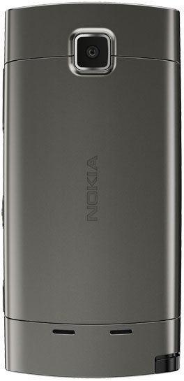 Rear view of metallic gray Nokia 5250 showing top center camera lens and vertical Nokia logo beneath it.