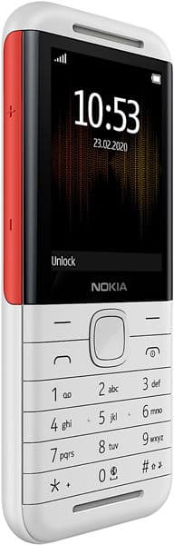 Nokia 5310 (2020) front view, white phone with red accents, displaying time and date on screen above numeric keypad